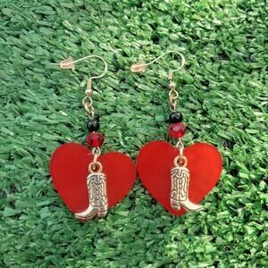 Hand-made Red Acrylic Heart w/ Cowboy Boot Earrings 925 Hooks